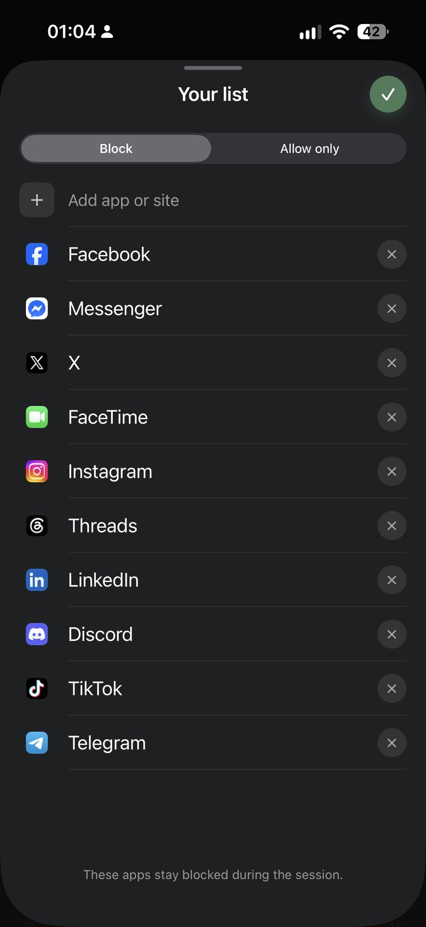 The list of apps selected to stay blocked during a focus session.