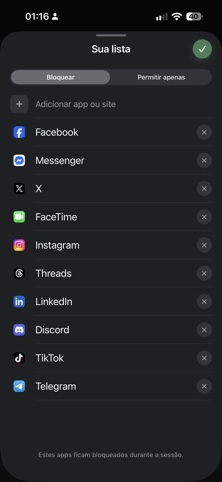 Lista de apps escolhidos para permanecerem bloqueados durante a sessão.