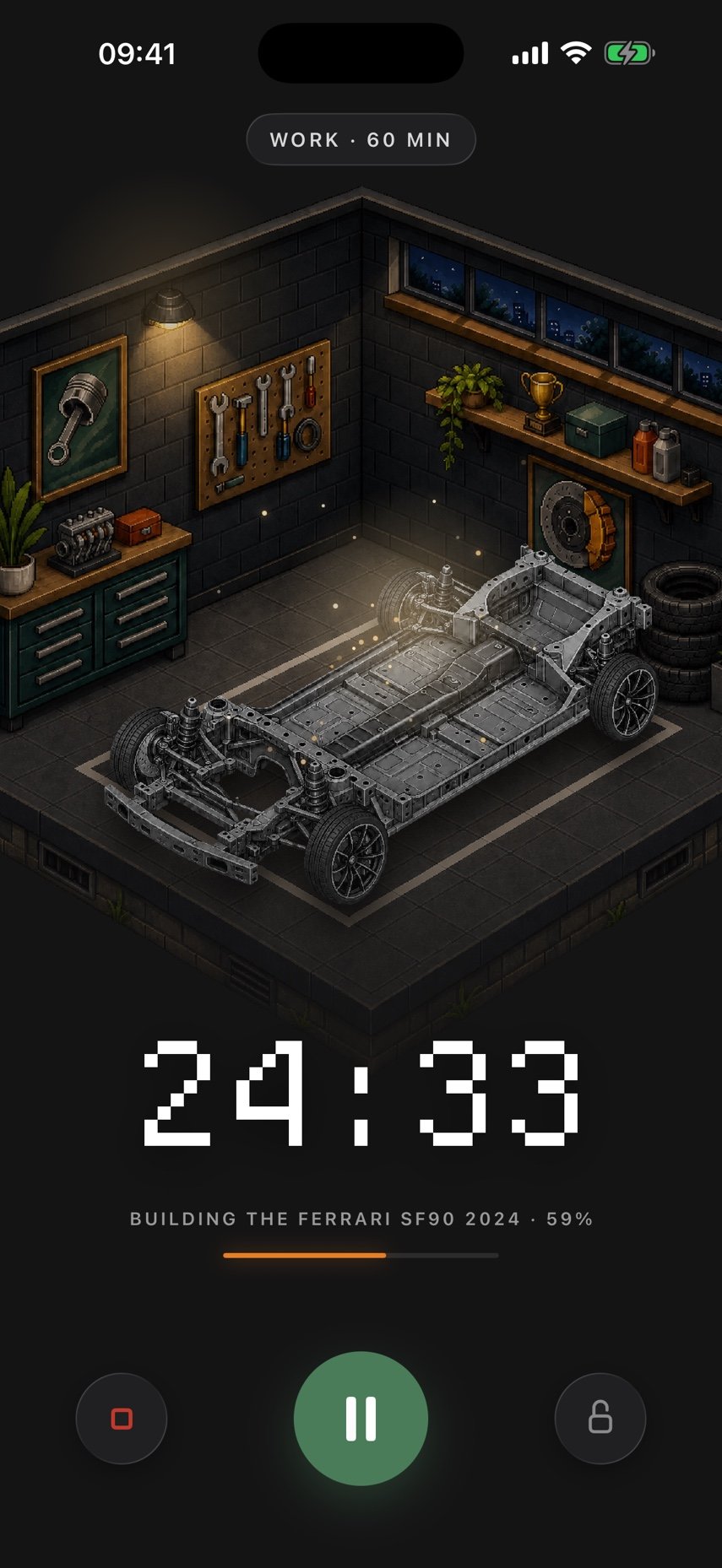 An active focus session while the car is being built.