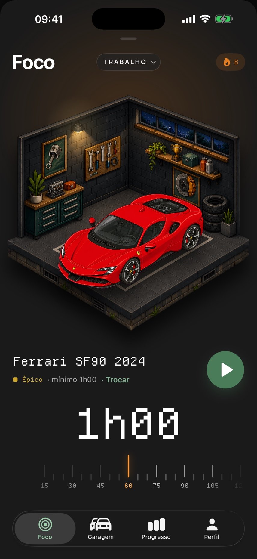 Tela de foco com diorama de garagem, carro escolhido e timer.