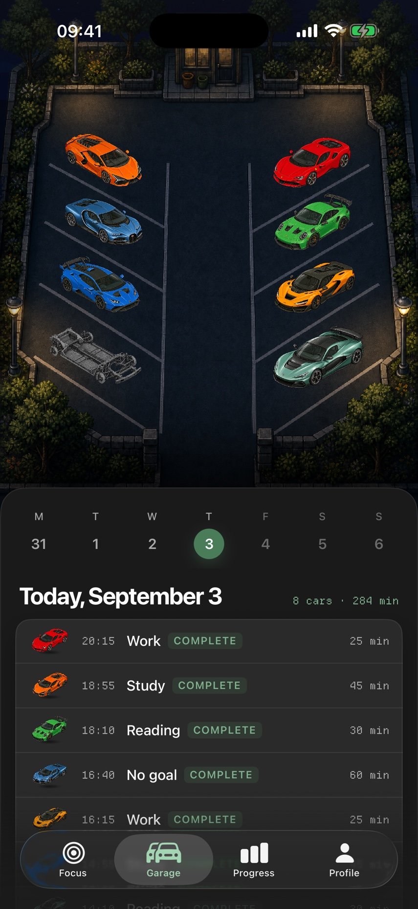 A garage filled with cars from completed sessions.