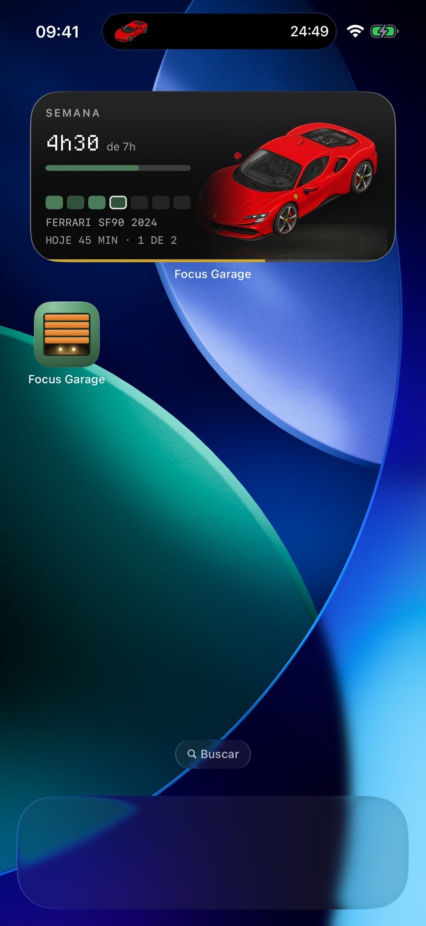 Tela de Início com widgets do Focus Garage e sessão na Dynamic Island.