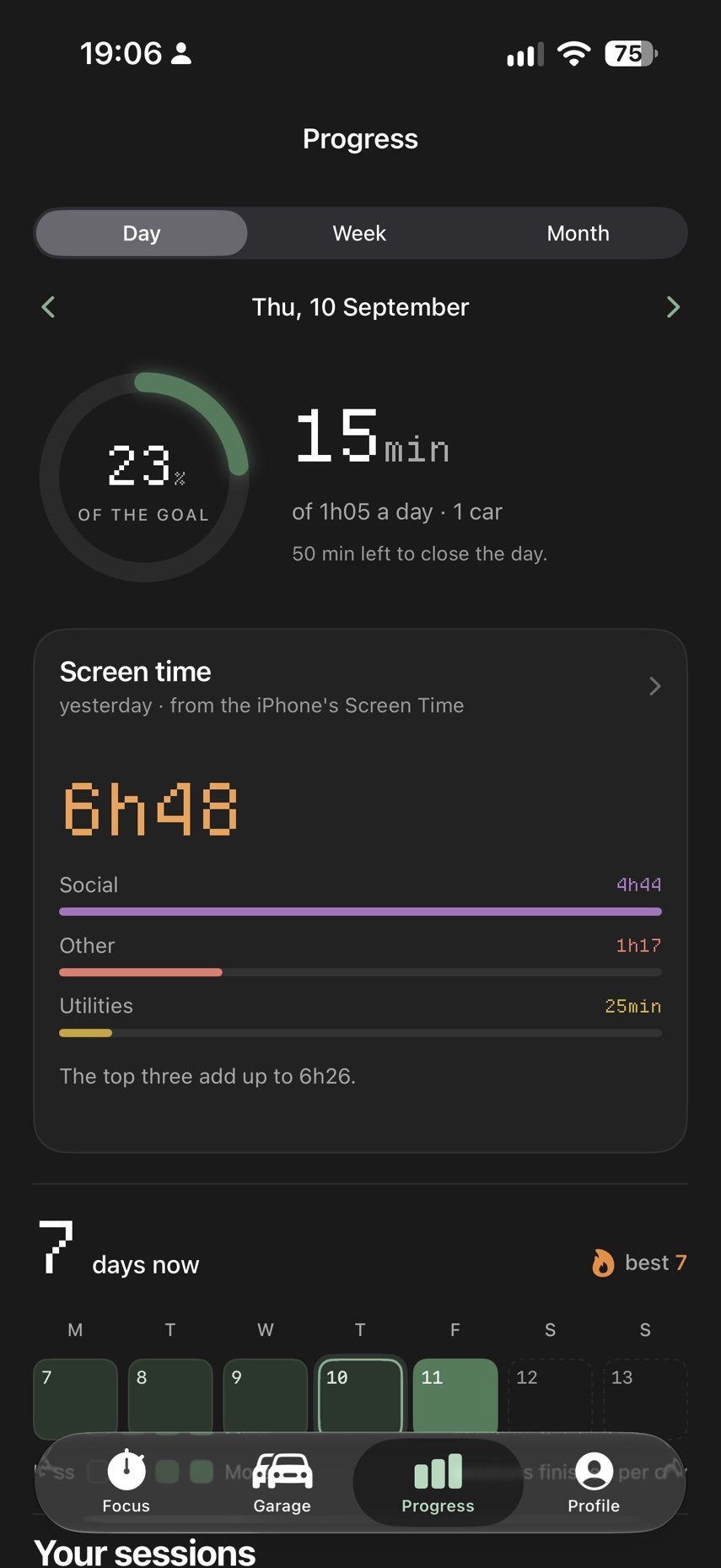 Daily Progress overview with goal, screen time, streak, and sessions.