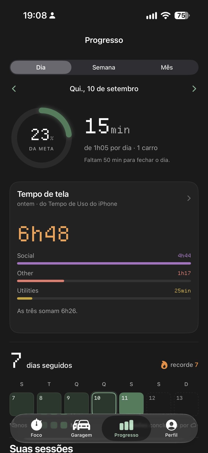 Visão diária de Progresso com meta, tempo de tela, sequência e sessões.